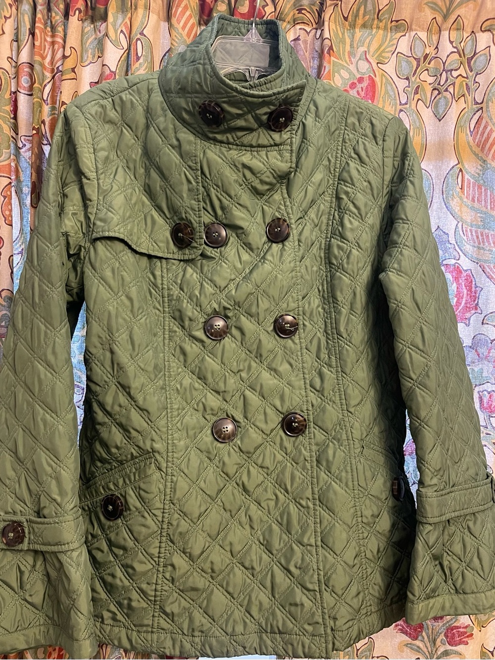 Esprit Olive Green Quilted Double-Breasted Pea Coat